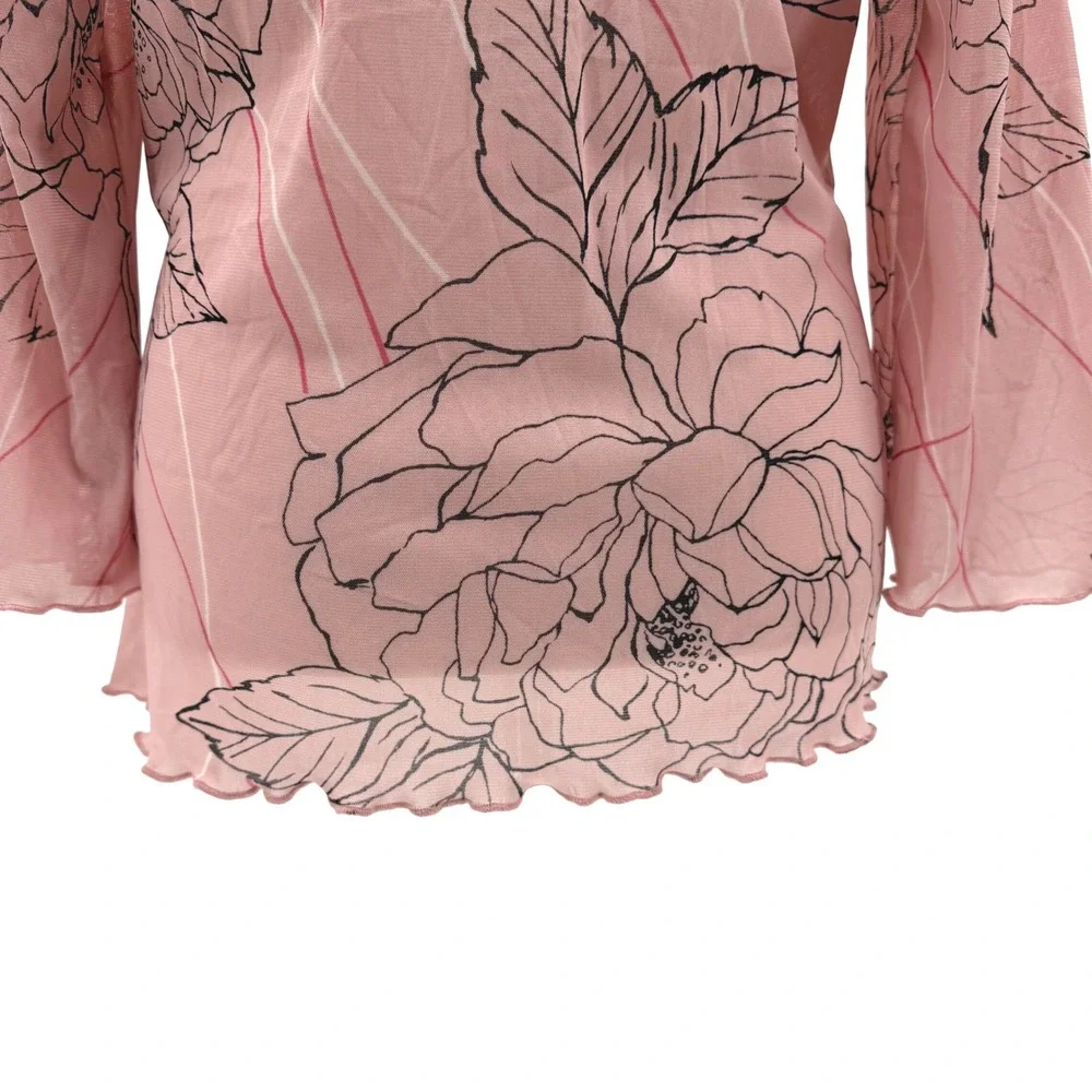 Vintage Y2K The Limited Blouse XL Faux Wrap Sheer Floral Rhinestone Lettuce Hem - Picture 7 of 9